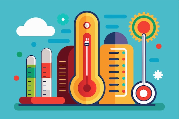 Vector illustration of various temperature measurement tools including thermometers and gauges temperature measurement customizable flat illustration