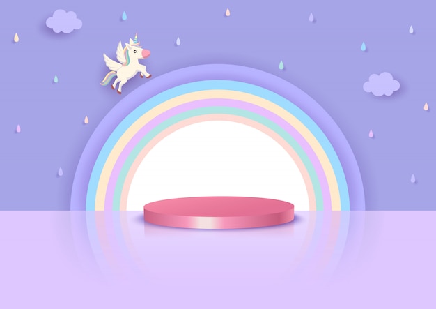 Illustration vector 3d style of unicorn and rainbow with podium stands on purple raining sky background.