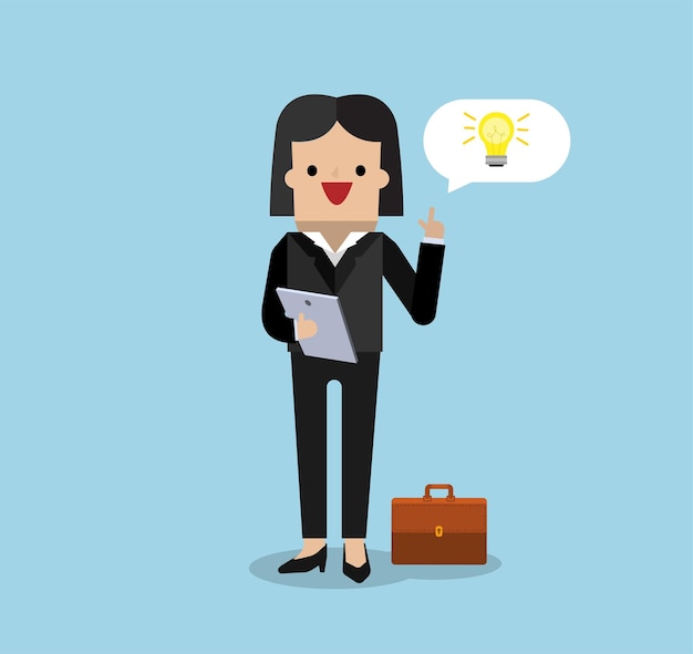 Illustration vector of business woman with lightbulb on bubble chat as concept of getting idea