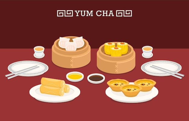 illustration vector of Chinese food spring roll plate  dim sum egg tart on table