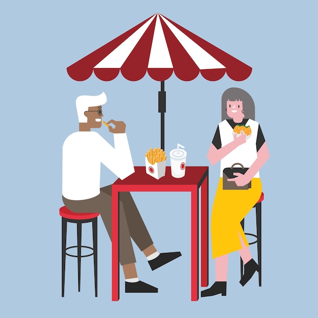 illustration vector couple love with fast food burger and fried outdoor.