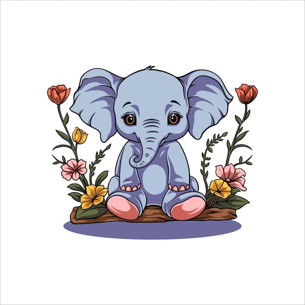 Illustration vector of a cute elephant character with flowers World Elephant Day August 12