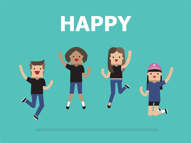 Illustration vector diverse group of students of happy teenagers both boys and girls are jumping