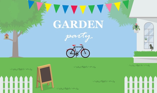 Illustration vector flat cartoon background of garden party landscape