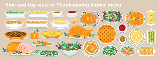 Illustration vector flat cartoon of food on happy Thanksgiving dinner table dish menu