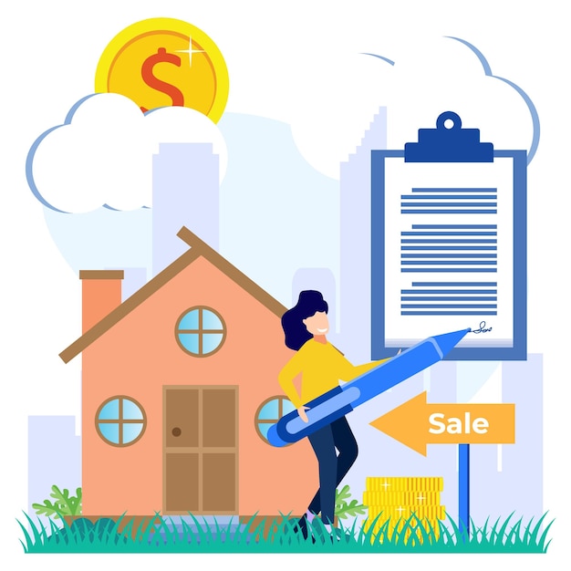 Illustration vector graphic cartoon character of invest money in real estate property and buy new house