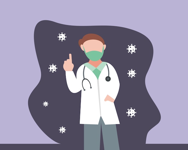 illustration vector graphic of a doctor is standing between the corona virus