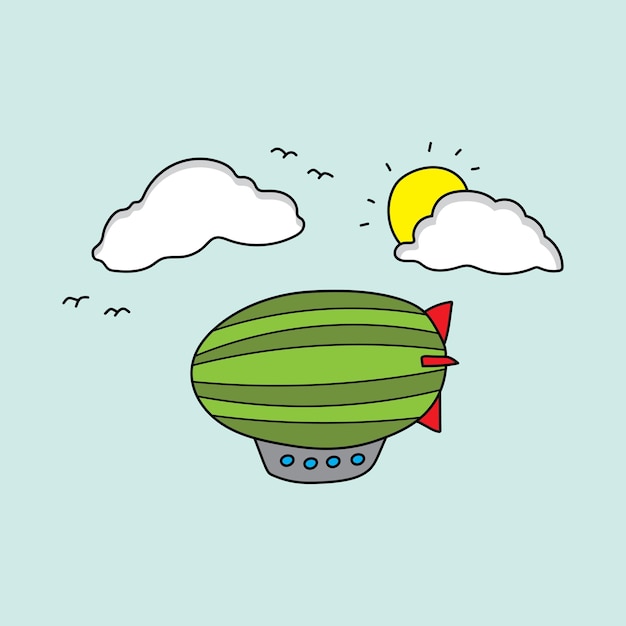 illustration vector graphic Kids drawing style funny green zeppelin flying in the sky