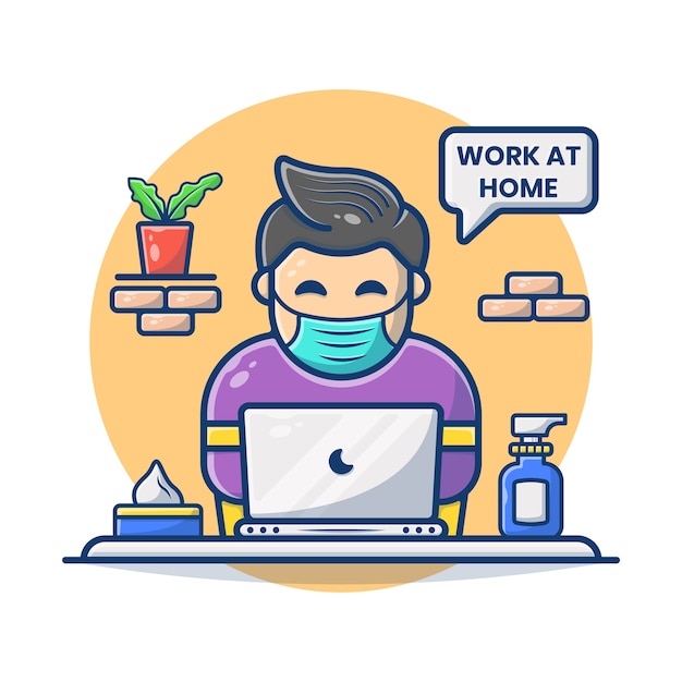 Illustration vector graphic of Man Wearing mask working on laptop.