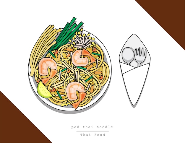 Illustration vector isolated doodle line style dish of Thai food top view on table