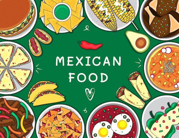 Illustration vector isolated Mexican food top view on table line doodle