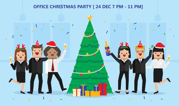 illustration vector office Christmas party Gift under Christmas tree and officer group