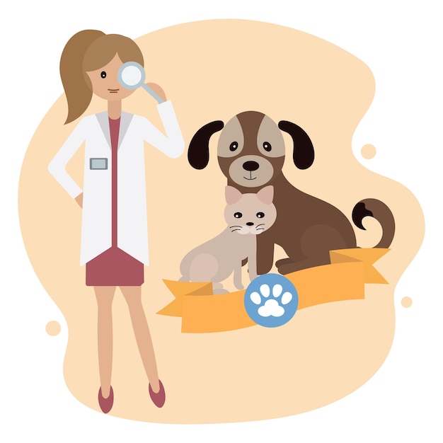 Illustration of a veterinary hospital a female veterinarian a dog and a cat