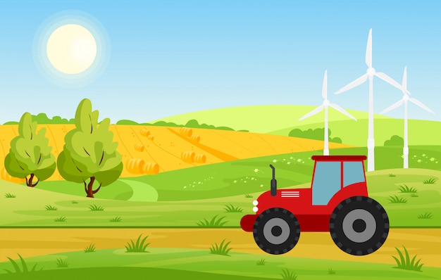   illustration of village with fields and tractor working on farmed land, bright colors landscape, farm concept in cartoon flat style.