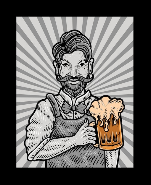 Illustration vintage bartender with hipster style