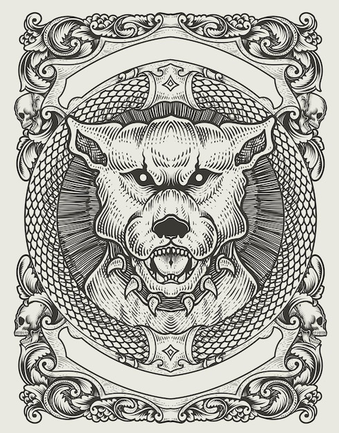 Illustration vintage dog with engraving style