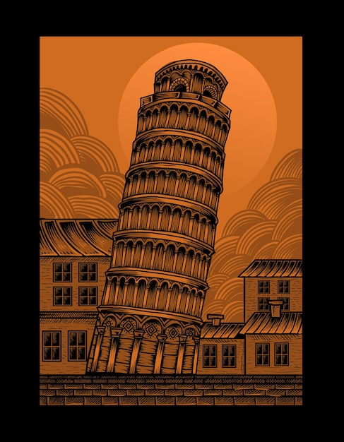 Illustration vintage engraving tower with engraving style