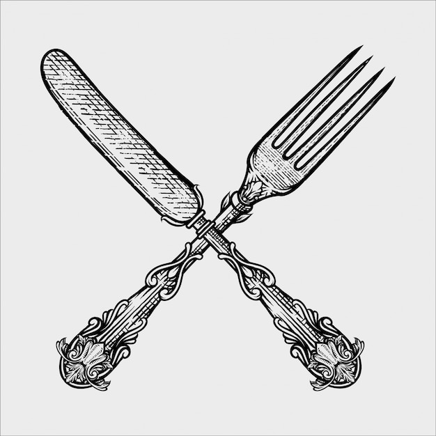 Illustration of vintage fork and knife made in hand drawn sketch style