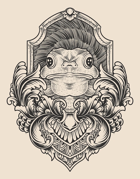 Illustration vintage frog with engraving style