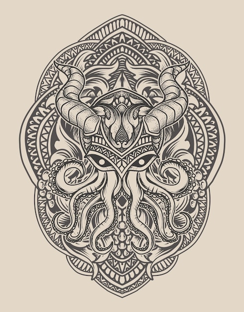 Illustration vintage octopus with engraving ornament style