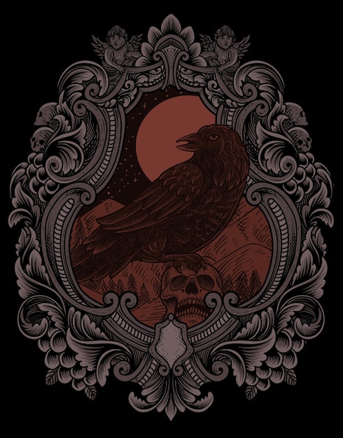 Illustration vintage scary crow with engraving style