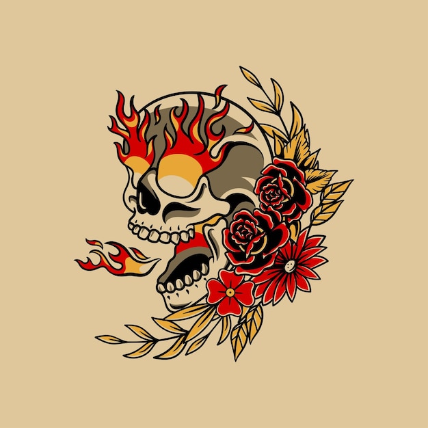 Illustration of vintage vector skull fire with leaf and flowers rose