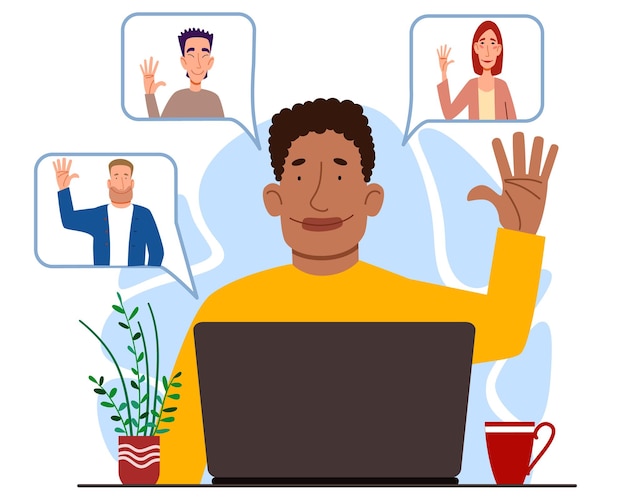 Illustration of a virtual meeting with different people who say hello