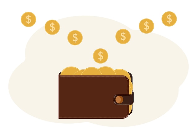 Illustration of a wallet full of coins with a dollar image