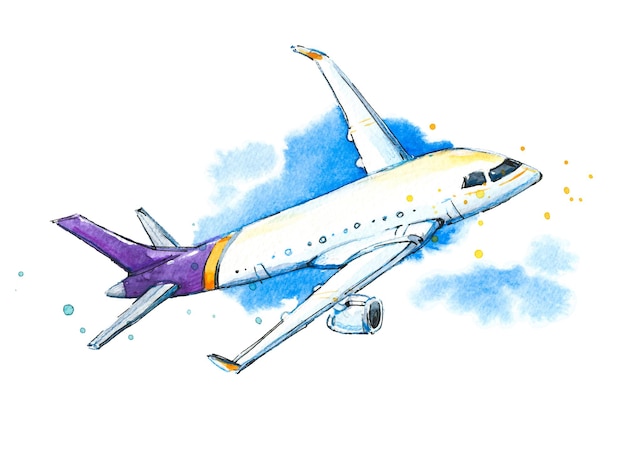 Illustration of a watercolor plane in the sky