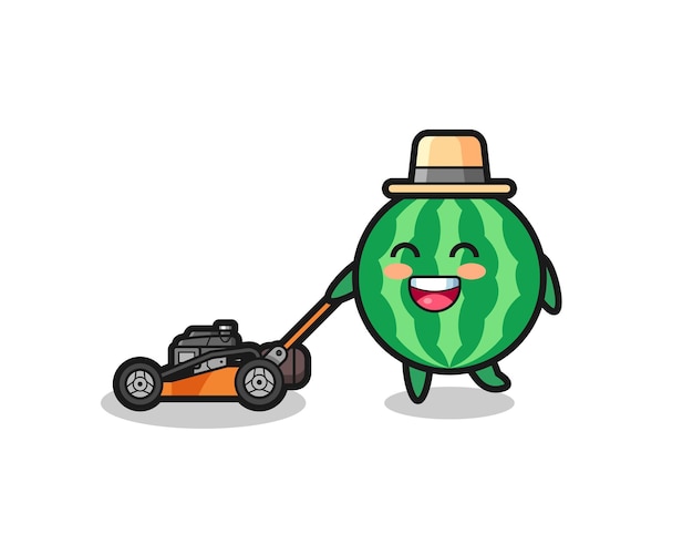 Illustration of the watermelon character using lawn mower