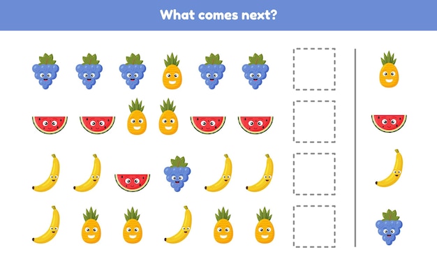   illustration. What comes next. Continue the sequence. Fruits. Worksheet for kids kindergarten, preschool and school age.