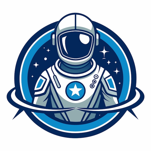 An illustration of a white and blue astronaut with a star on his chest against a background of blue and white circles with stars