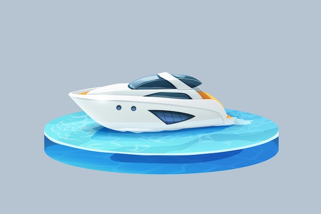 Illustration of white color modern luxury motor yacht on water isolated on bright backdrop