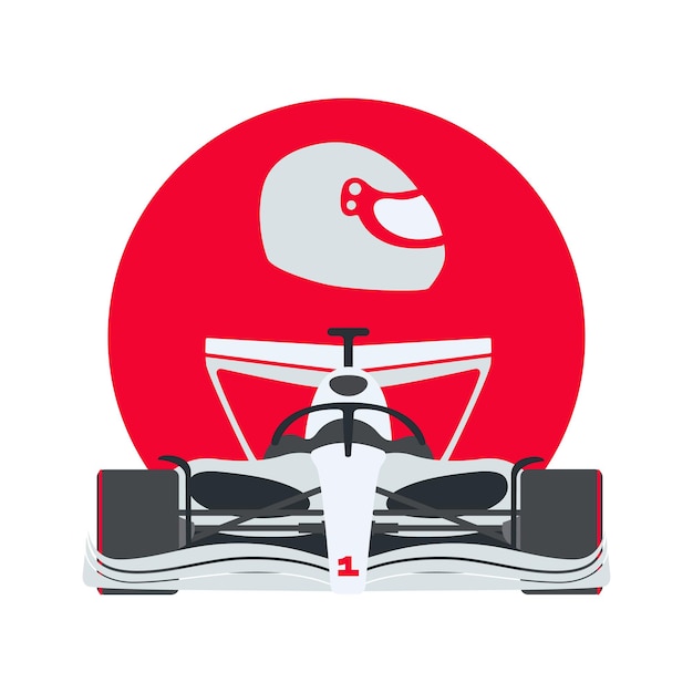 Illustration of a white F1 car with a helmet on the background of a red circle Finish of the race Vector illustration