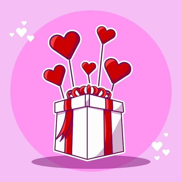 Vector illustration of a white gift with red ribbons elevated by heart shaped balloons for valentines day