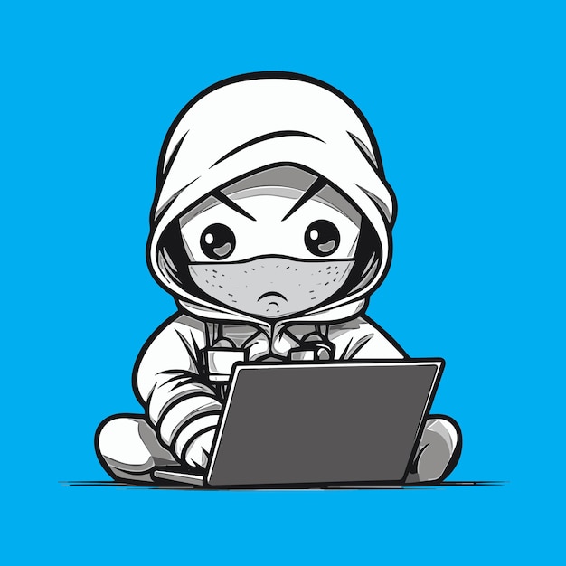 Illustration of a white ninja using a laptop