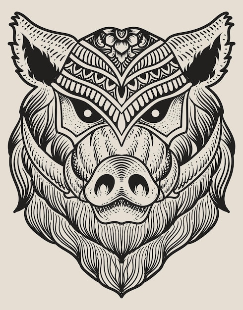 Illustration wild boar head engraving style with mask