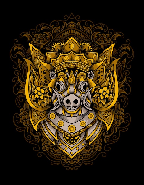 Illustration  wild boar head with crown barong ornament