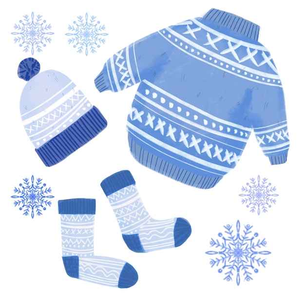 Illustration of winter clothes sweater, knitted hat and socks blue color