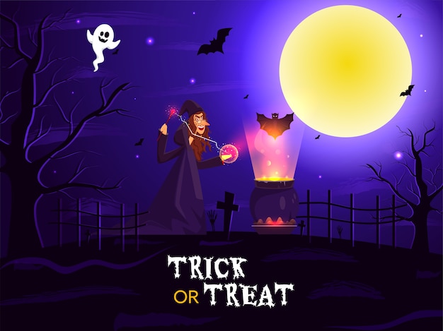 Illustration of Witch Doing Magic from Wand with Boiling Cauldron, Bats and Ghost on Full Moon Graveyard Background for Trick Or Treat.