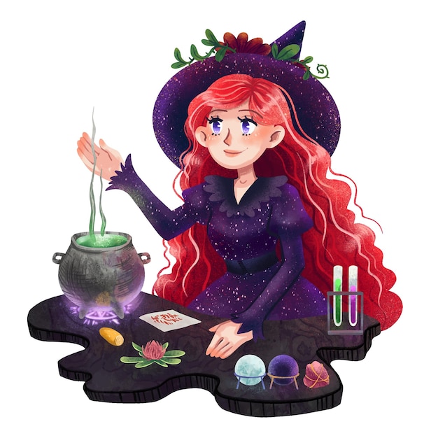 Illustration a witch girl on Halloween cooks a potion in a cauldron on the table stones magic test tubes and ingredients