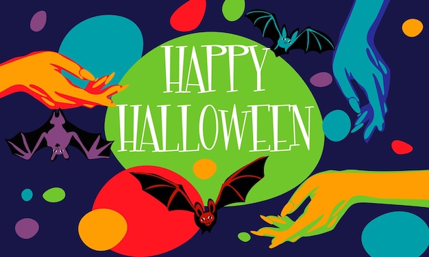 Vector illustration of witches hands catching bats on an abstract bright background happy halloween