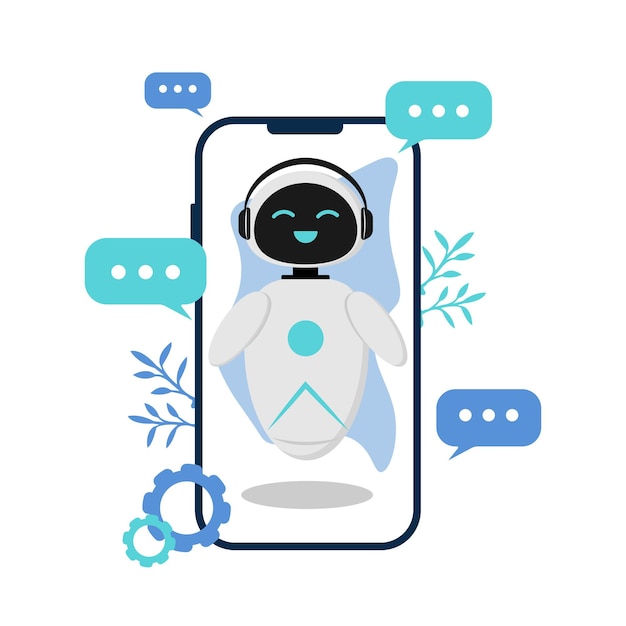 Illustration with artificial intelligence chatbot character in the phone and chatting The characte