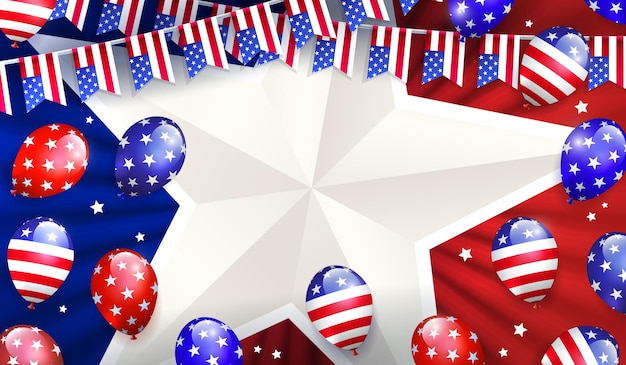 Illustration with balloons a garland with symbols of America USA Independence Day