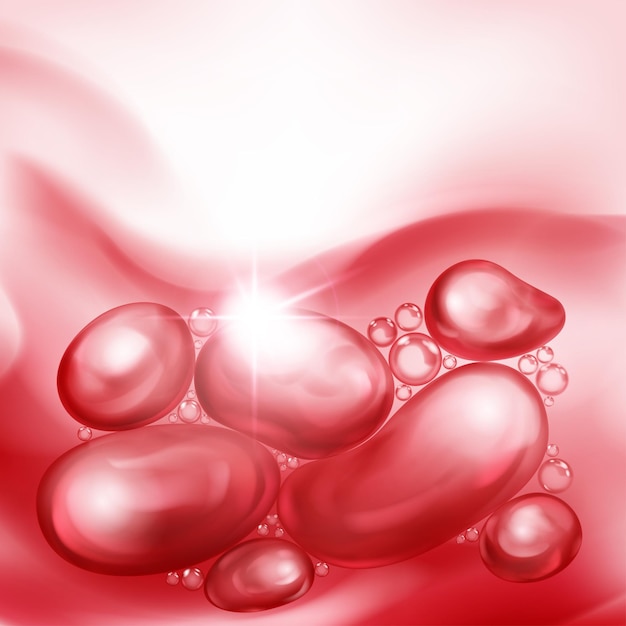 Illustration with beautiful realistic air bubbles with bright glare floating in water or other liquid in red color