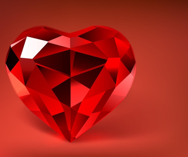 Illustration with big crystal faceted heart in red colors with shadow