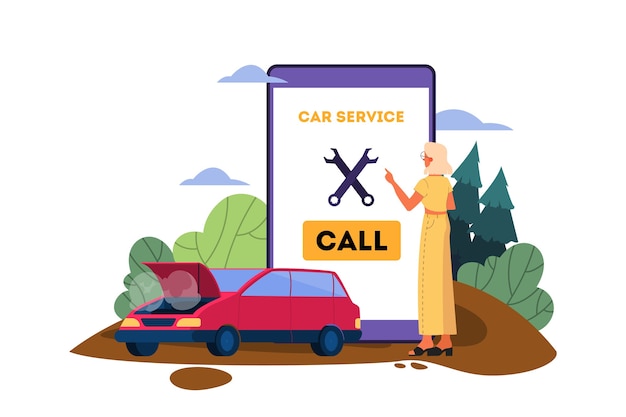  illustration with broken down car on a road. Car breaking down accidentally on the road. Sad and scared driver calling to car service to get help.