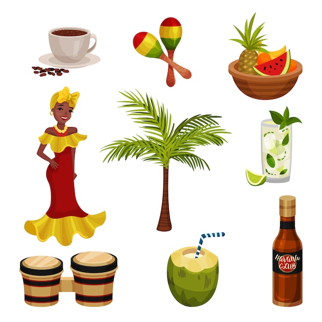  illustration with cuban culture. Images of traditional items.