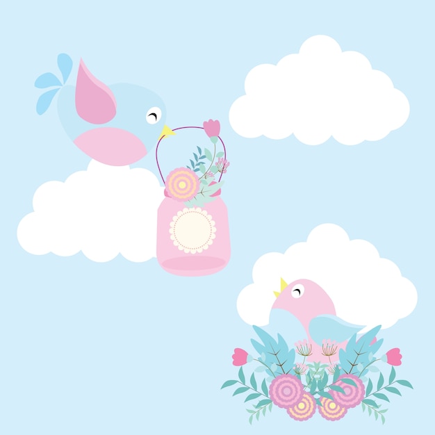  illustration with cute bird brings flower for his wife suitable for Valentine day card