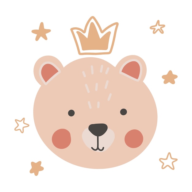 Illustration with a cute cartoon teddy bear head in a crown